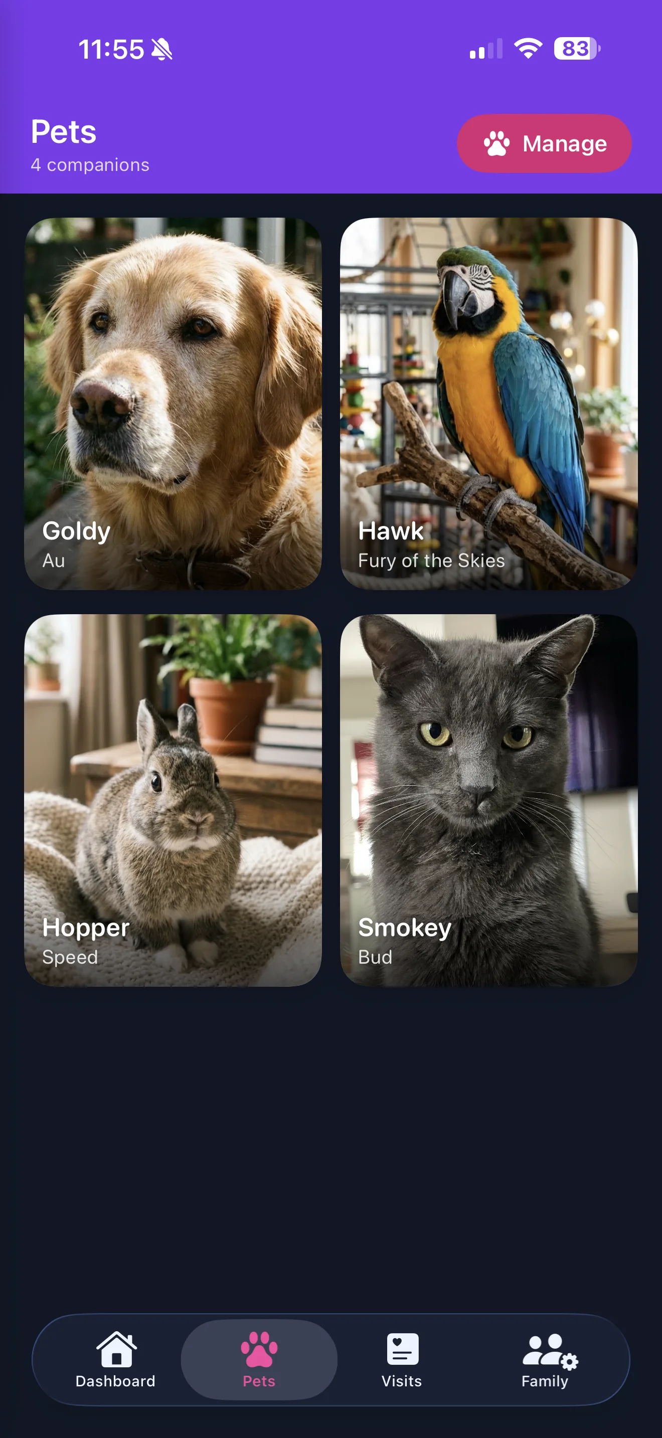 Pet list showing all your furry family members