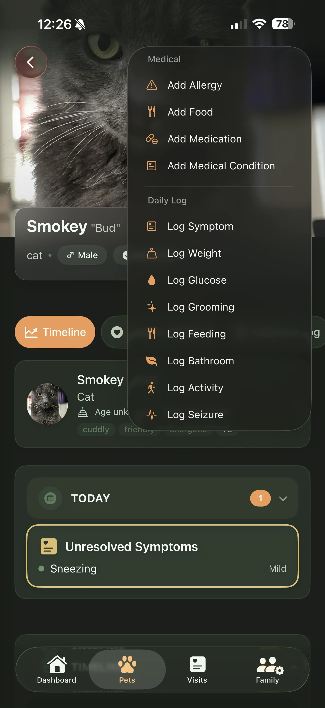 Everkin tracking menu showing available health metrics