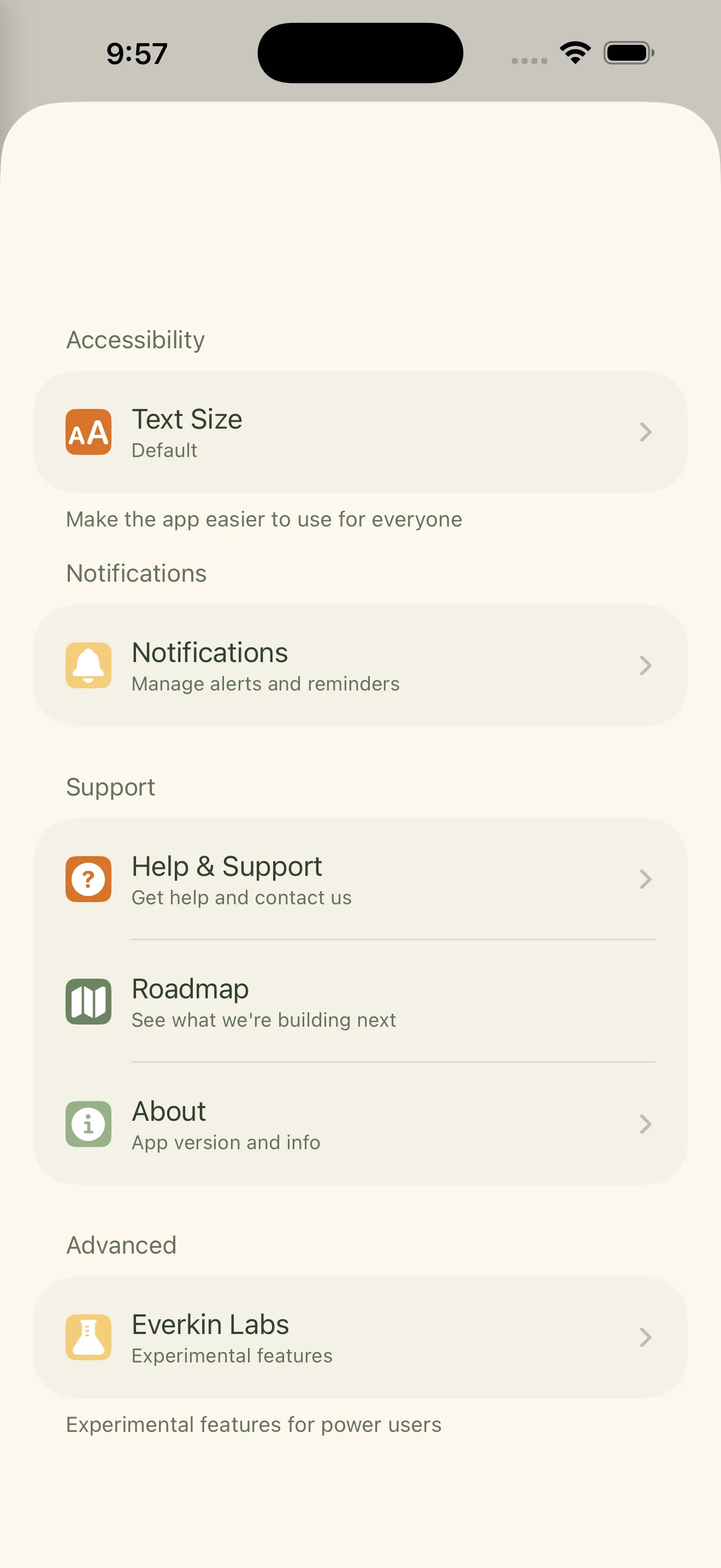 Everkin Settings screen showing the Everkin Labs option under the app section