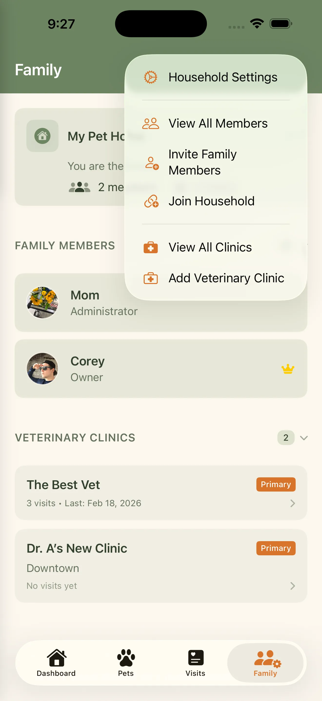Everkin household settings screen showing the Family tab with household name, role, and Manage button