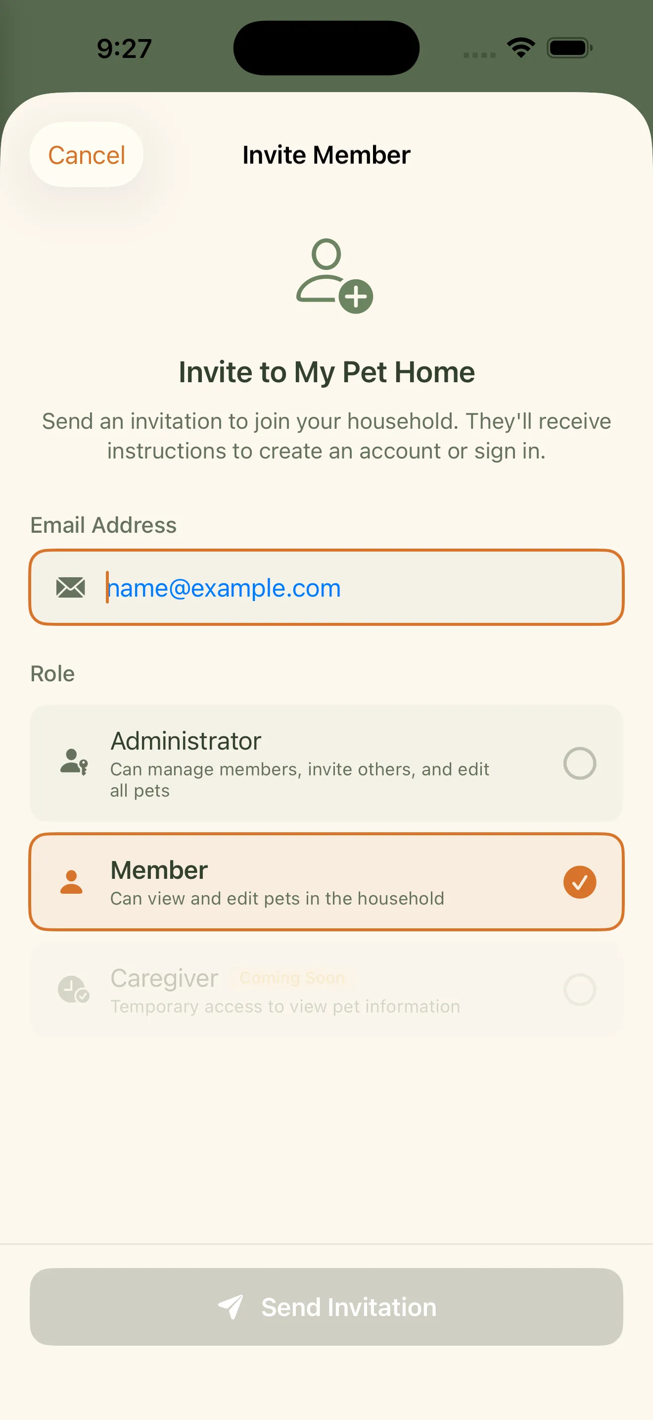 Everkin invite member screen with a generated invite code and role selection