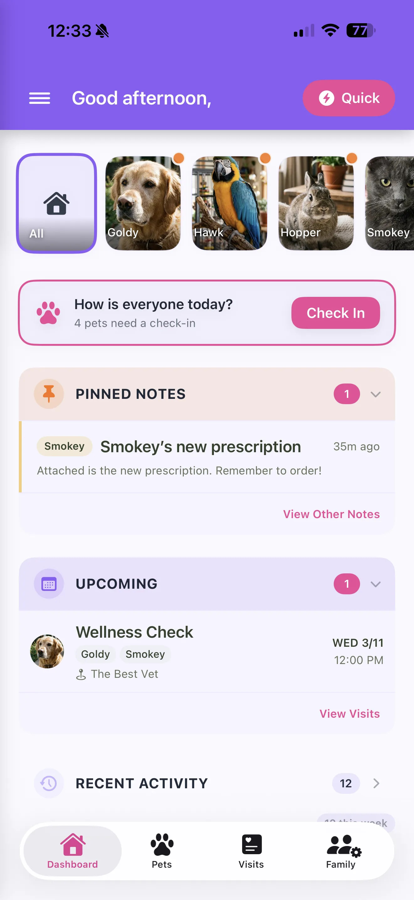 Dashboard with daily check-ins and pet overview