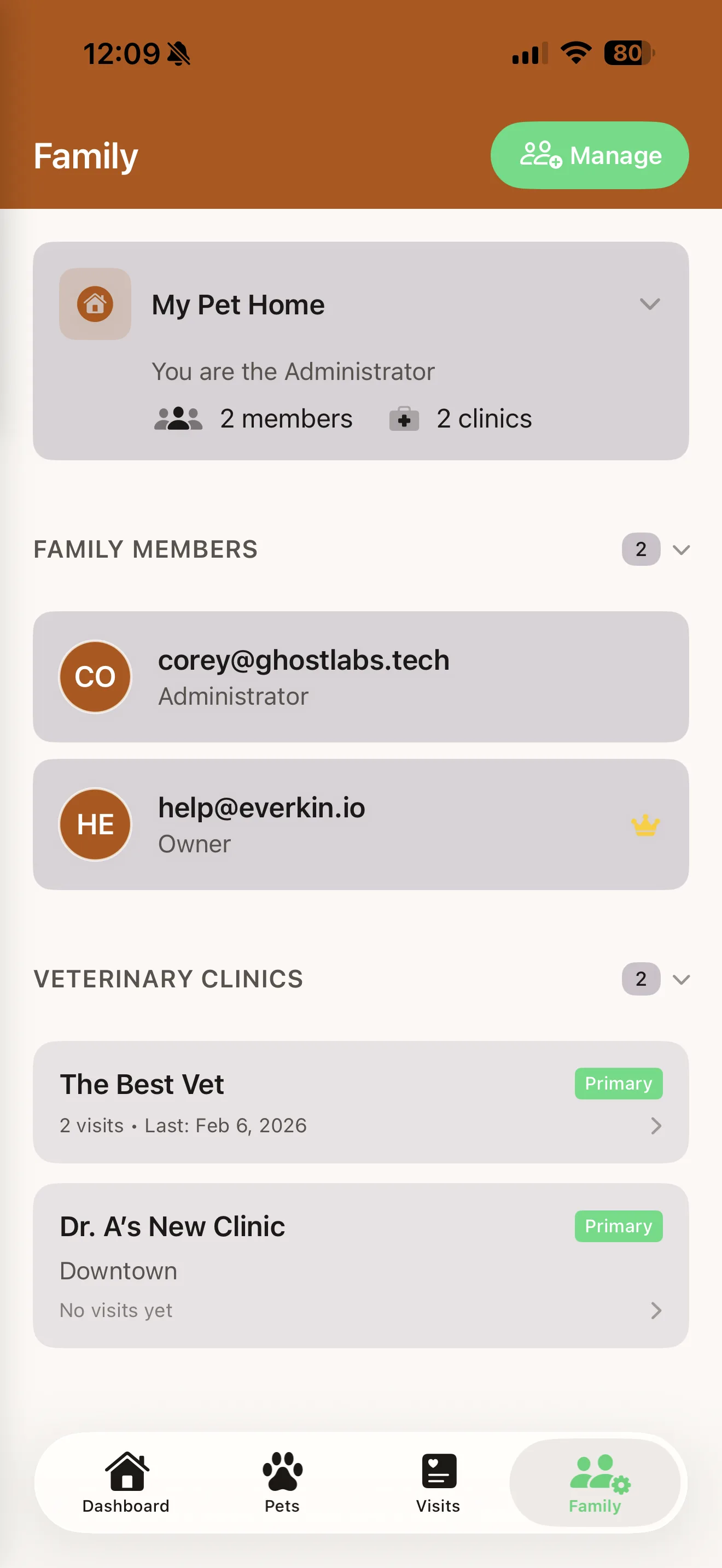 Everkin Family screen showing household members with roles and linked veterinary clinics