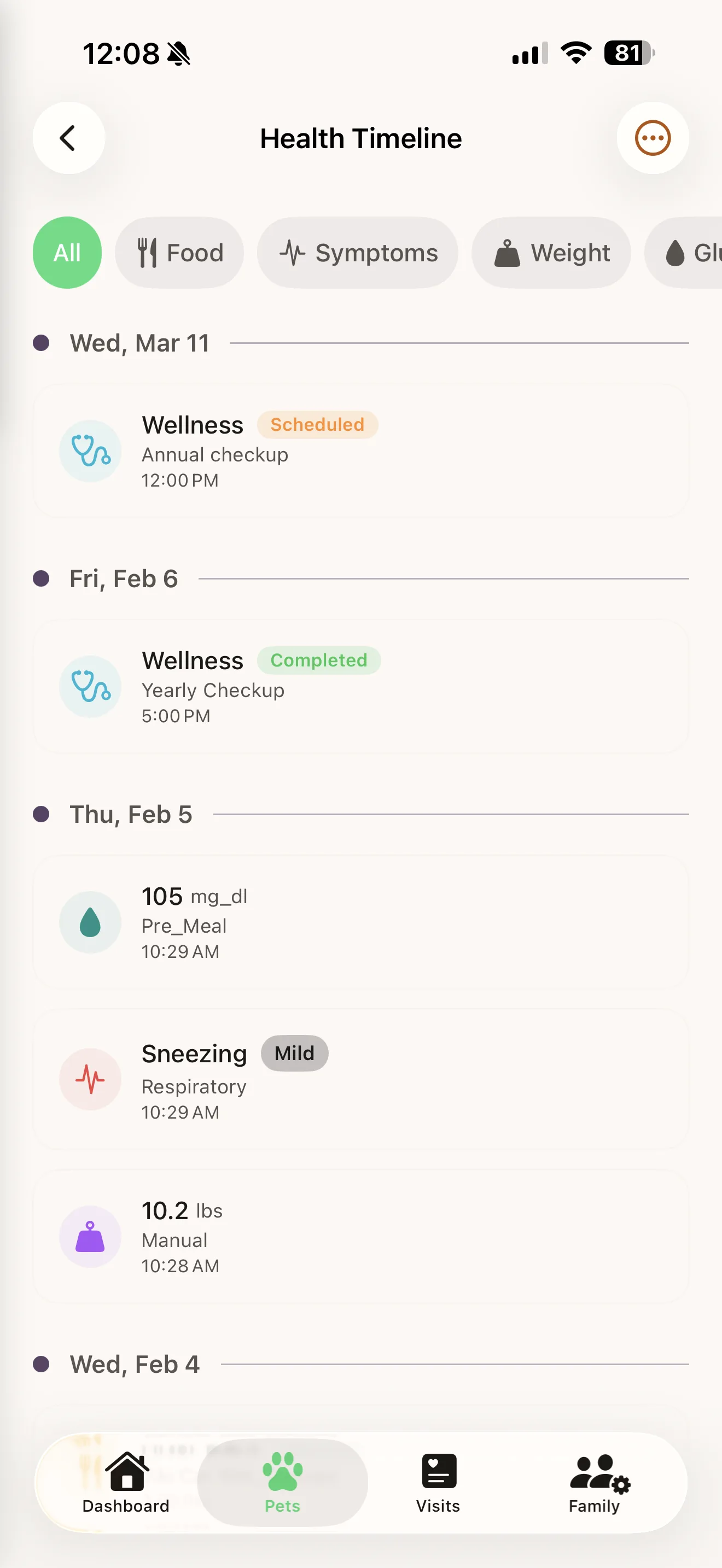 Health timeline with events and milestones