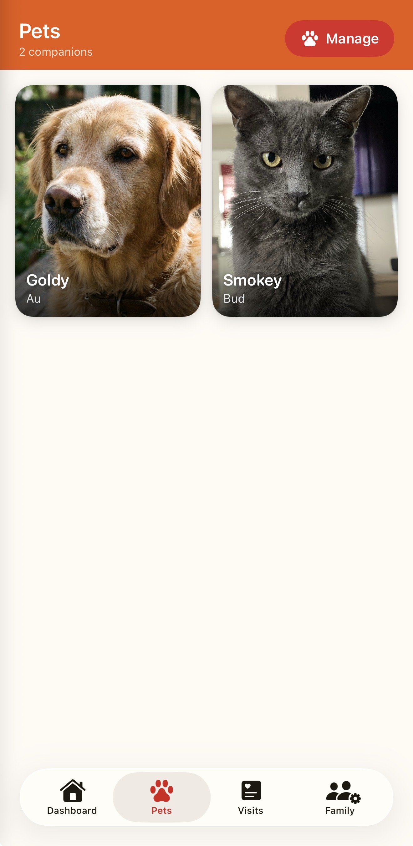 Pet list showing all your furry family members