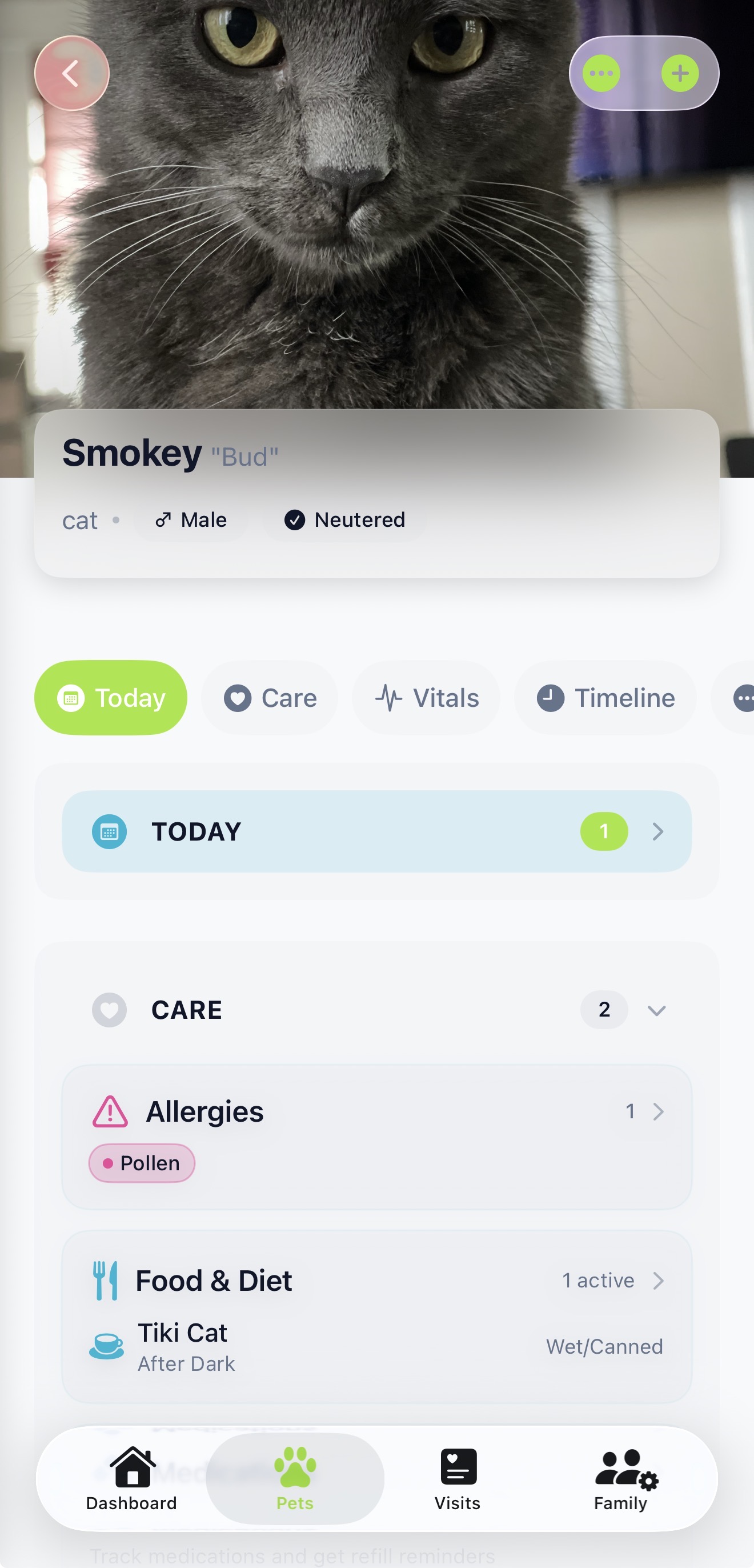 Individual pet profile with health overview